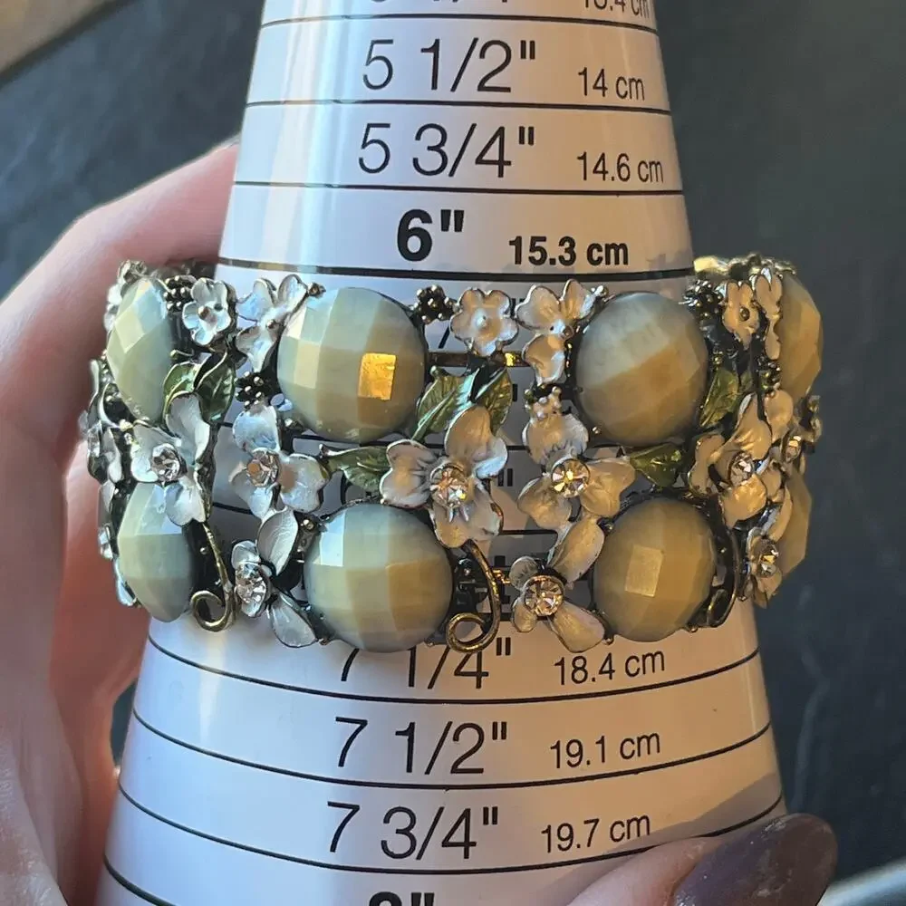 Estate Vintage White Green and Bronze Floral Garden Expanding Cuff Bracelet